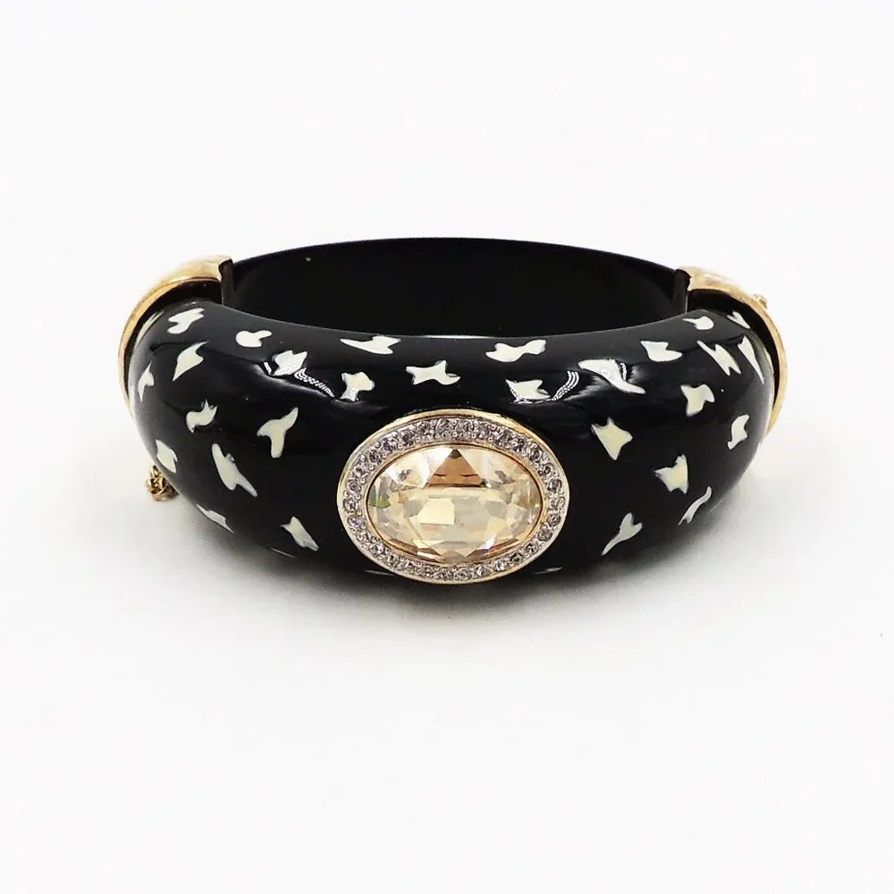 Vintage 1980s Italian Black Spotted Rhinestone Cuff Bracelet - Picture 6 of 11